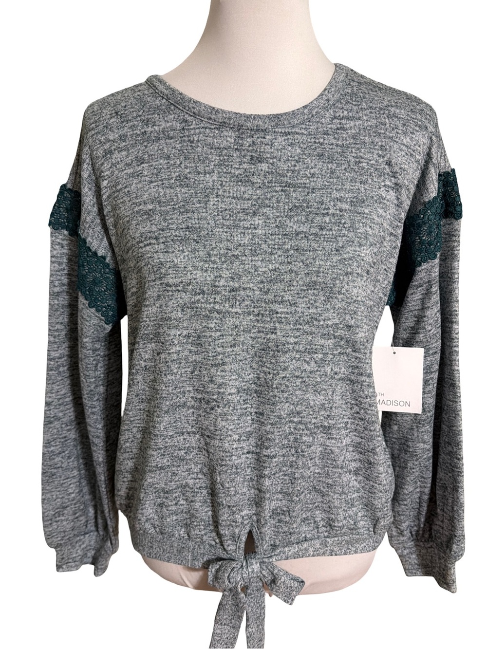 89th & Madison Heather Gray Crewneck with Teal Lace Sleeve Accents and Front Tie